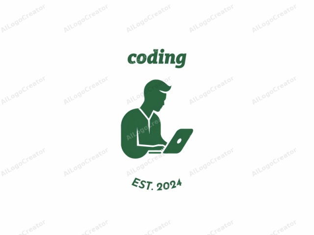 The image is a simple, minimalist green silhouette illustration of a person working on a laptop computer. The person is shown in profile, facing right, and has a short, neatly groomed hairstyle. The figure is depicted in a green monochromatic