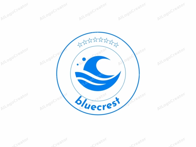 a stylized blue wave with a wavy shape, set against a stark white background. The wave design is simplified and abstract, featuring three main waves with varying sizes and orientations. The larger, curved wave at the top of the design forms an