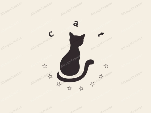 das eine schlanke und elegante Silhouette einer Katze darstellt, in einem minimalistischen Schwarz-Weiß-Stil. Die Katze, zentral im Bild positioniert, sitzt aufrecht mit ihrem Schwanz, der sanft nach rechts gebogen ist und eine anmutige Kurve bildet, die der fließenden Form entspricht