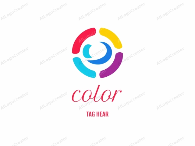 The image is a minimalist logo featuring a stylized, modern, and abstract design. The main element is a large, circular shape that dominates the composition. The circle is filled with vibrant, colorful, and curved segments in varying shades of blue,