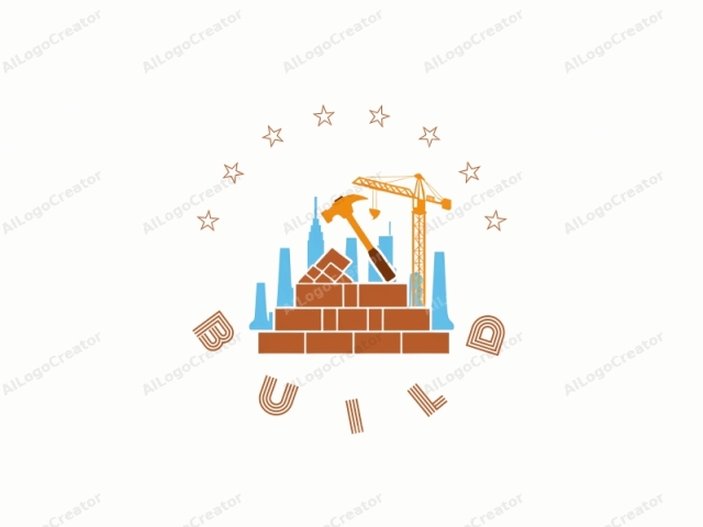 a construction site. The image features a stylized representation of a brick wall under construction. At the forefront is a brick wall rendered in orange, symbolizing a brick texture. In front of the wall, a prominent hammer in blue is positioned diagon