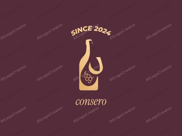 in a minimalist style. This image is a minimalist logo illustration rendered in a monochromatic style, featuring a bottle with a stylized grape cluster and leaves. The illustration is done in a warm beige color against a solid, dark maroon background.