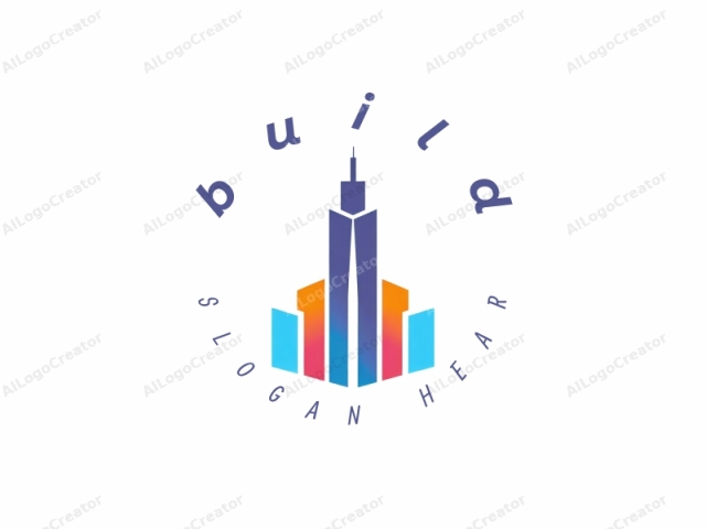 Dieses digitale Logo ist in einem minimalistischen, abstrakten Stil gestaltet und repräsentiert einen modernen Wolkenkratzer. Es zeigt eine geometrische, symmetrische Silhouette vor einem sauberen weißen Hintergrund. Das Gebäude wird mit einer Reihe von scharfen, klaren Linien und kräftigen Farben dargestellt. Bei