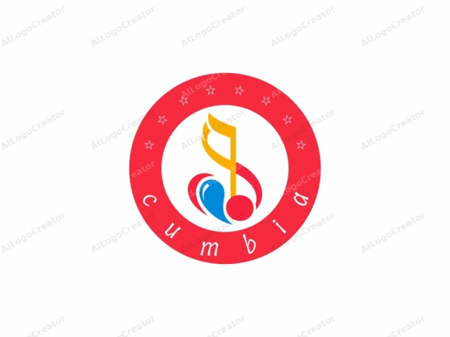 The logo is a stylized, minimalist musical note composed of bright, vivid colors against a white background. The note is represented by a curved yellow staff with a red note at the end. Below the staff, there is a blue, rounded object