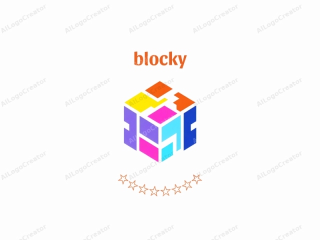 featuring a cube divided into colorful geometric shapes. The cube is presented in a modern, abstract style with each of its faces composed of multiple smaller shapes, including squares and rectangles. These shapes are arranged in a mosaic-like pattern with vibrant hues. The front