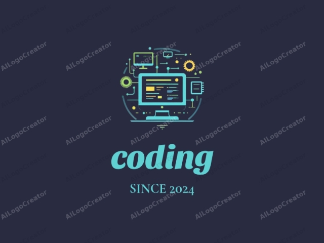 This is a minimalist, digital illustration featuring a computer monitor as its focal point. The background is a dark navy blue color, creating a stark contrast that makes the design elements stand out vividly. Surrounding the monitor, a circular layout is filled