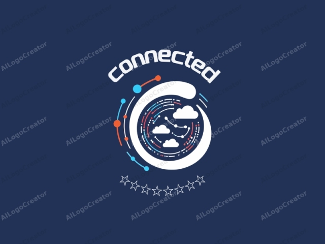 focusing on its visual elements. This digital logo features a modern, abstract design. The central subject is a white circular shape, representing an orbit or a vortex. Within this circle, small, stylized white stars and a constellation of white and blue