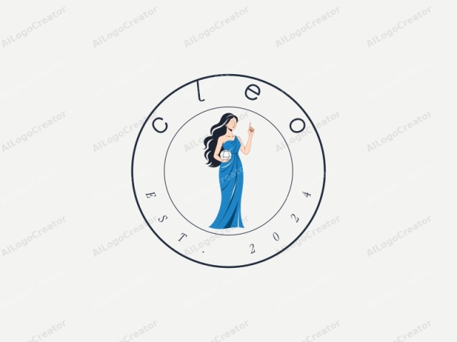 Esta es una ilustración digital que presenta a una mujer estilizada y elegante con un vestido azul fluido. La mujer se encuentra en el centro sobre un fondo blanco liso, lo que acentúa la viveza de su atuendo. Su vestido es sin mangas y drapeado en un