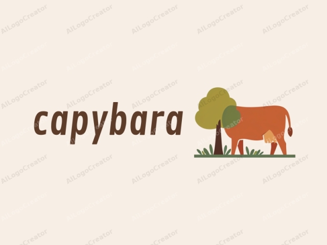 describing its texture and material. This is a minimalist, vector-based drawing in a flat, cartoonish style. The central subject is a stylized cow, depicted in warm, earthy tones of brown, orange, and green. The cow stands