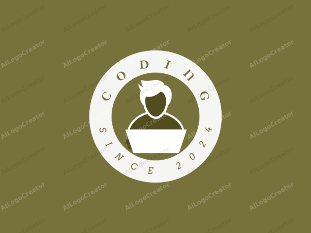 This is a minimalist, vector graphic logo image depicting a silhouette of a person sitting at a desk and working on a computer. The person is portrayed without any facial features or other distinguishing characteristics, with a simplified, rounded shape. The figure is rendered