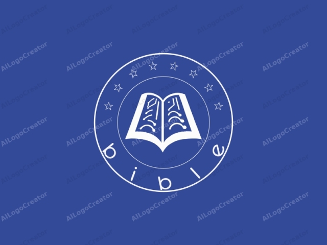 Esta imagen representa un logo abstracto sobre un fondo azul sólido y vibrante. El logo presenta un libro abierto con sus páginas hacia afuera. El libro está ilustrado con líneas blancas y gruesas, dándole un diseño simple y moderno. El lado izquierdo del libro