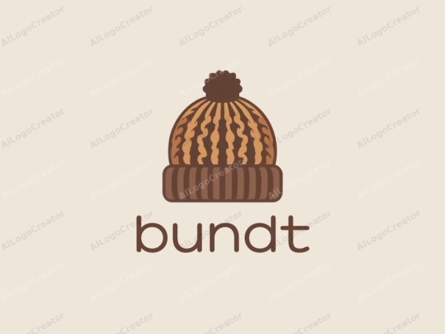 This image is a minimalist vector illustration depicting a knit beanie hat. The beanie features a solid brown base with alternating stripes of darker brown and tan, representing the texture of the knit fabric. At the top, a tuft of yarn in