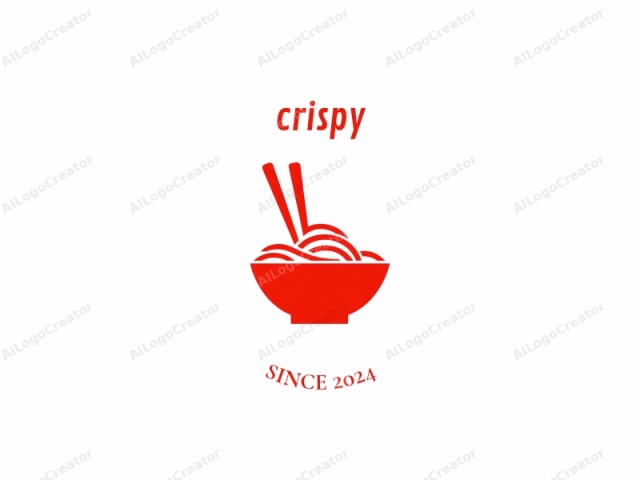 Esta es una representación gráfica simple, similar a un icono, de un tazón de fideos. Toda la imagen se presenta en un color rojo fuerte y vívido sobre un fondo blanco puro, destacando el rojo como el elemento visual dominante. El tazón se representa de manera simplificada