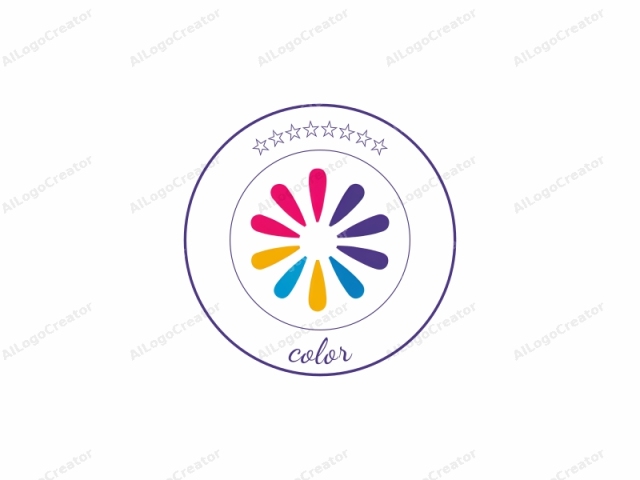 This is a minimalist, abstract logo featuring a stylized flower or burst. The logo consists of eight teardrop-shaped petals, each representing a different color. Starting from the top right, the colors are yellow, pink, purple, blue,