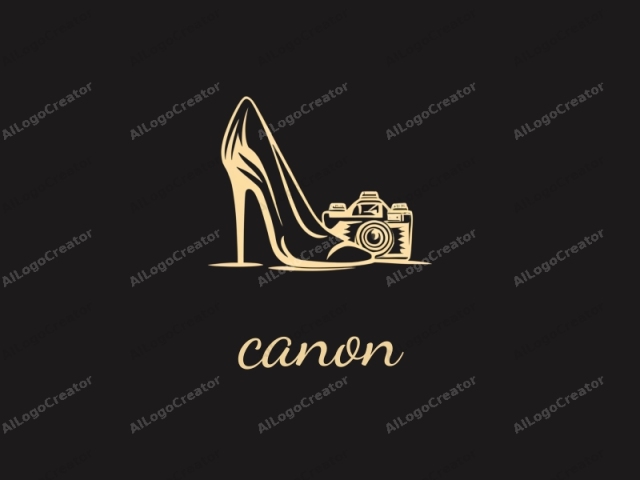 Dies ist ein minimalistisches Logo, das einen stilisierten High-Heel-Schuh mit einer darin platzierten Kamera zeigt. Das Design ist in einem monochromen Beige-Ton vor einem tiefschwarzen Hintergrund ausgeführt, was einen auffälligen visuellen Kontrast erzeugt, der die Eleganz betont.