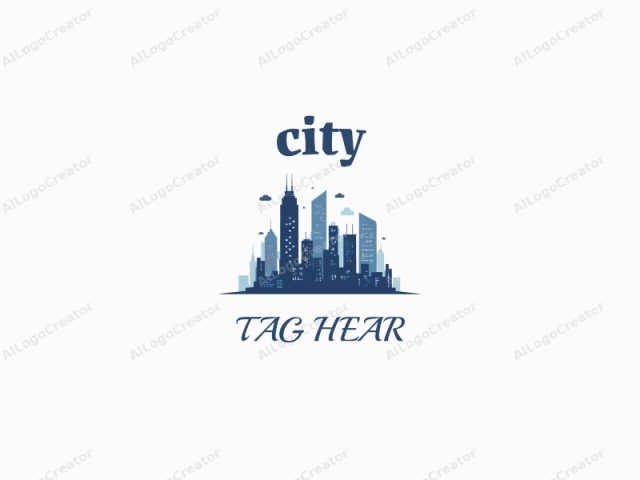 This digital logo illustration features a stylized depiction of a modern cityscape against a stark white background. The composition is dominated by a symmetrical cluster of high-rise buildings in varying shades of blue, representing different types of architectural styles. The tallest structure