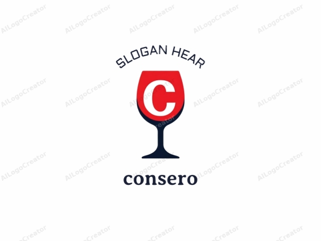 The image is a minimalist logo of a wine glass, centrally positioned against a stark white background. The wine glass is depicted in a modern, stylized manner, characterized by clean, bold lines and vivid colors. The glass is red on the upper