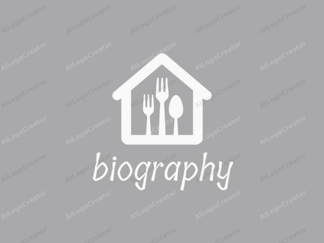This image is a simple, monochromatic, and minimalist logo in white against a light gray background. It features a house shape outlined in white, centered and facing directly towards the viewer. Inside the house, there are three white utensils arranged