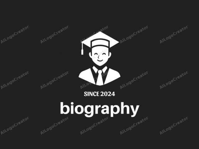 This logo is a monochromatic black and white drawing, depicting a stylized figure of a graduate in a classic graduation gown and cap. The subject is shown in a simplified, flat design, using solid shapes with clean lines. The face of