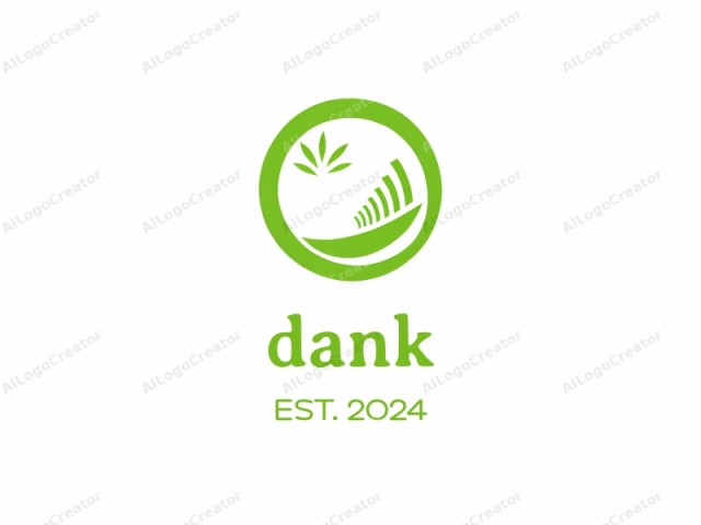 Este logo es un emblema circular simple, limpio y verde con un fondo blanco. Presenta un diseño minimalista, utilizando colores planos y formas geométricas. La parte interior del círculo incluye una imagen estilizada de una planta de cannabis, con un cogollo central