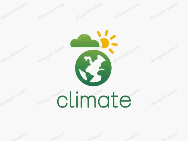 in vector graphic form. This image is a clean, minimalist logo design featuring a stylized globe, a sun, and a cloud, all rendered in simple shapes and colors. The globe is centrally positioned, depicted in a gradient color scheme transitioning from green