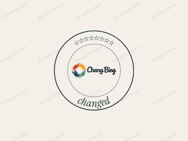 que representa la marca "Chang Bo" en un estilo minimalista y moderno. El logo presenta una representación abstracta de un círculo formado por cuatro manos estilizadas en colores vibrantes: rojo, azul, amarillo y verde. Estas manos se entrelazan