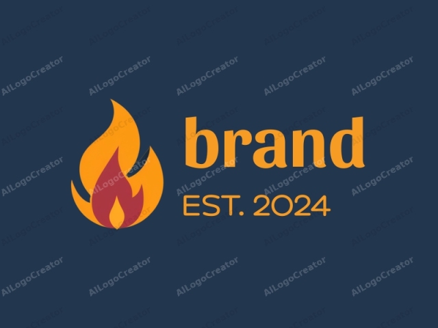 This image features a stylized, simplified flame in a minimalist design. The flame is depicted using bold, flat shapes in bright orange and yellow colors, with a red inner core. It sits centrally on a dark blue background, which enhances the vivid