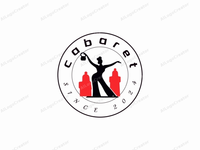 Das Bild ist ein minimalistisches, stilisiertes Logo in einem mutigen, schwarzen Silhouetten-Design. Es zeigt eine zentrale Figur einer Frau, die selbstbewusst steht und ihren rechten Arm nach oben ausstreckt, während sie einen kleinen, runden Gegenstand hält, der einer Handtasche oder einer kleinen Box ähnelt. Ihr