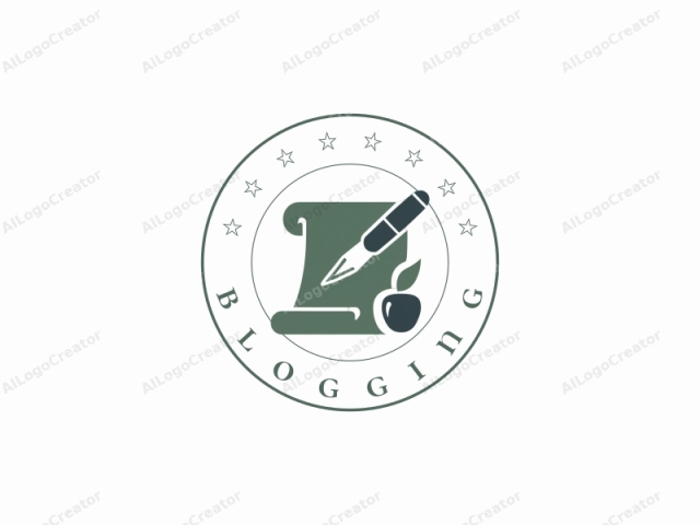 depicting a stylized green scroll with a dark blue quill pen and an apple icon, all set against a stark white background. The scroll occupies the majority of the image and is rendered in a simplistic, flat, and monochromatic style,