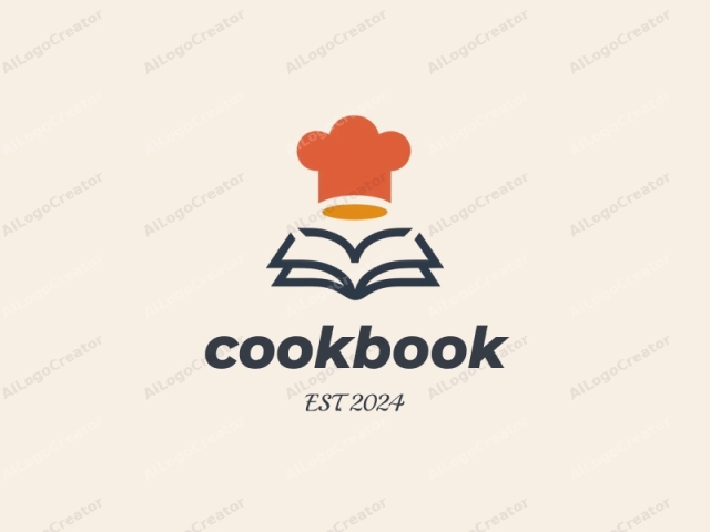 un sombrero de chef y un libro, representados en un estilo de diseño minimalista y plano. El fondo es de un color crema claro sólido, proporcionando un lienzo neutro que contrasta con los objetos representados. En la parte superior de la imagen, hay un ícono