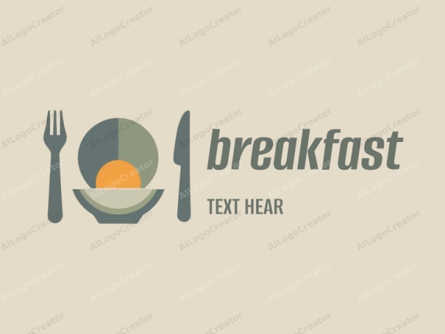 This is a minimalist logo image with a clean and modern design. The image features a stylized depiction of a fork and knife set against a neutral, light beige background. The colors used are limited to dark grey and soft green, with accents of