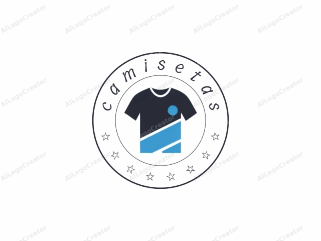 Esta imagen es un diseño de logotipo simple y minimalista que representa una camiseta deportiva. La camiseta se muestra de frente sobre un fondo blanco liso. Tiene un estilo elegante y contemporáneo con un color base azul marino oscuro para el cuerpo de la camiseta. Un pequeño círculo,