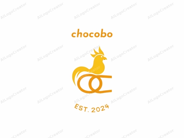 Este es un logotipo minimalista que presenta un gallo estilizado y un símbolo ovalado curvo. El logotipo está predominantemente renderizado en amarillo brillante con una textura suave y líneas limpias. El gallo se representa con un diseño moderno y elegante, enfatizando la simplicidad y la elegancia.