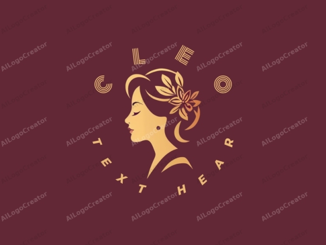 Este logotipo digital presenta una representación estilizada y minimalista del perfil de una mujer, sobre un fondo burdeos profundo. La obra utiliza una paleta de colores cálidos y dorados que contrasta bellamente con el burdeos, enfatizando la elegancia y la sofisticación. El perfil es