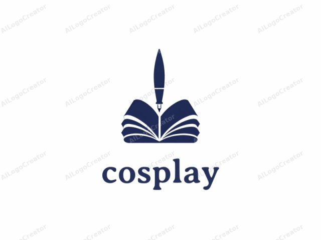 The logo image is a minimalist, digital design consisting of a stylized blue pen and a blue book. The pen is positioned vertically, with the nib pointing upwards, and the body extending upwards and slightly to the right. The book is depicted as