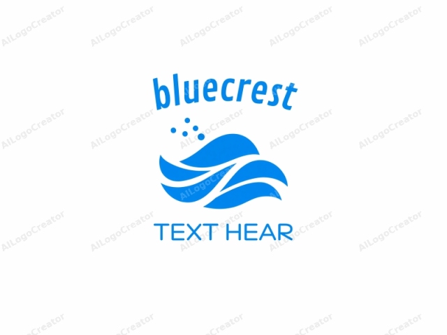 a stylized, minimalist water wave design. This is a digital graphic illustration, primarily composed of blue and white elements on a white background. The central motif depicts a simplified representation of ocean waves, characterized by three distinct wavy lines of varying lengths