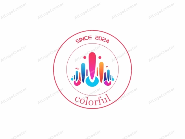 Dieses abstrakte Logo zeigt eine zentrale Gruppe von länglichen, tränenförmigen Formen in lebendigen Farben, hauptsächlich rot, rosa, orange, gelb, blau und lila. Die Formen sind in absteigender Reihenfolge vom Zentrum aus angeordnet, wo die Farben