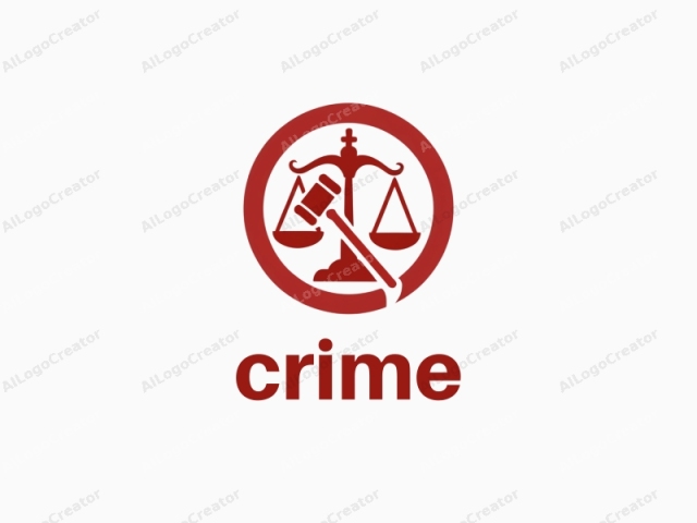 This is a minimalist, monochromatic logo featuring a stylized depiction of a judicial system. The logo consists of a solid red circular emblem centered on a white background. Inside the circle, there is a red gavel leaning diagonally against a