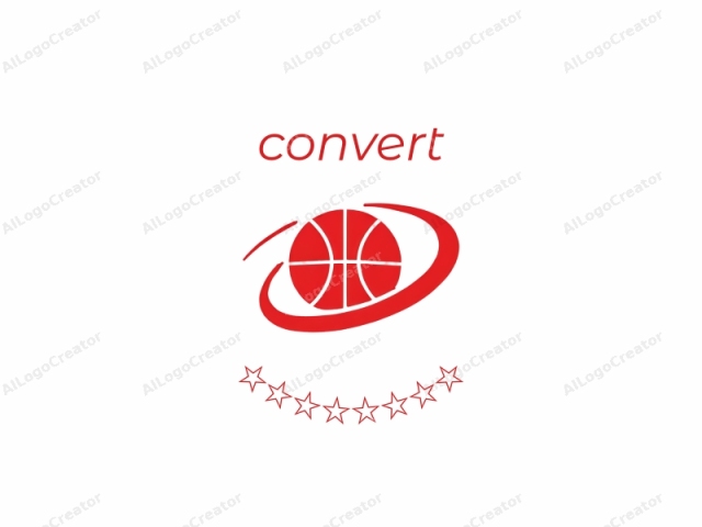 Ein Basketball. Dies ist ein minimalistisches grafisches Logo eines Basketballs, das über eine geschwungene, stilisierte Umrisslinie gelegt ist. Das Design ist monochrom und überwiegend rot. Der Basketball, zentral dargestellt, ist in einem sauberen, glatten und kühnen Stil gehalten.