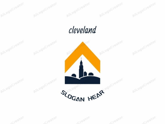 which depicts a stylized cityscape with geometric shapes. The logo is rendered in a minimalist, digital design style. It features a large, triangular shape in a bright orange hue, resembling an arrowhead, positioned in the top left portion of the