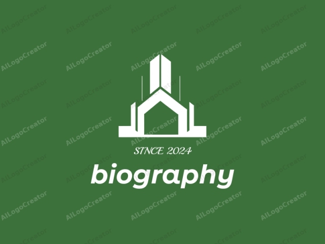 a modern abstract building. The image features a minimalist, geometric logo with a white silhouette of a modern, abstract building against a solid green background. The building is simplified with clean lines and sharp edges, giving it a modern, contemporary feel. The