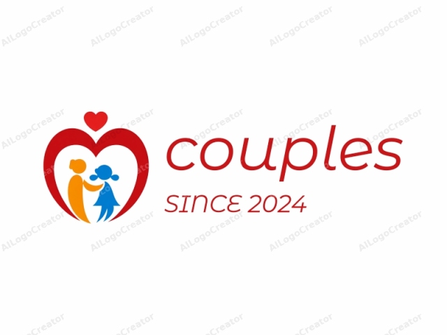 depicting two human figures embraced within a heart shape. The design features simplistic, stylized, and abstract shapes. The larger figure on the left is depicted in a warm orange hue, suggesting a masculine or neutral gender. This figure has a smooth outline,