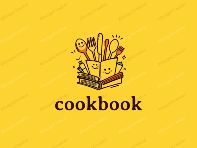 El logotipo presenta una ilustración caprichosa de una caja amarilla rebosante de varios utensilios de cocina y artículos relacionados con la comida. La caja está situada en el centro y adornada con dos caras sonrientes, una a cada lado. Las caras son simples, con ojos redondos