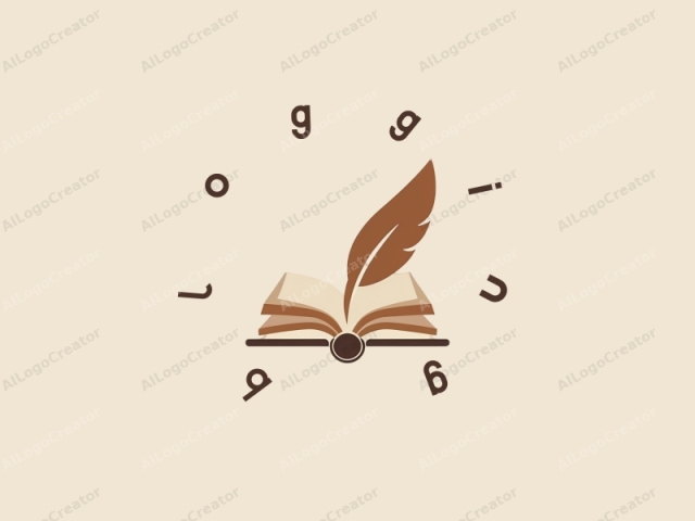 in a minimalist style. This is a logo design featuring a stylized pen and open book set against a light beige background. The design is rendered in a smooth, clean, and uncluttered manner. The pen, positioned vertically and slightly to