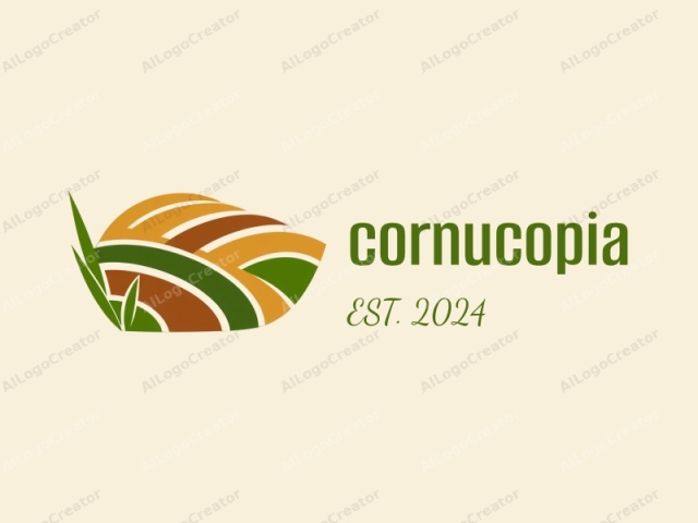 This is a minimalist logo design with a stylized, abstract agricultural theme. The logo features a simplified representation of fields with three prominent colors—green, orange, and brown—arranged in curved, wavy lines that suggest rolling hills. The