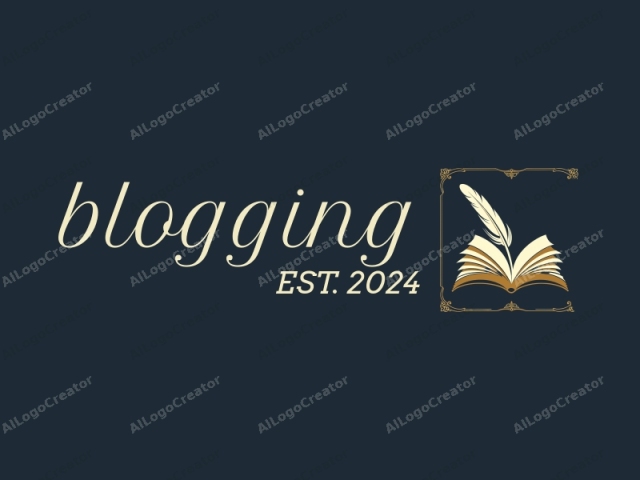 This image is a digitally created, vintage-inspired logo featuring an open book with an old feather pen poised above it, ready to write. The book's pages are yellow, contrasting sharply with the dark navy blue background. The feather is white, with