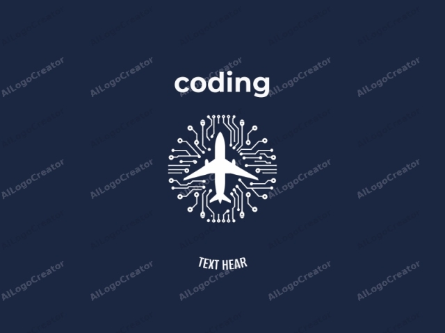 This logo features a white silhouette of an airplane against a solid black background, creating a striking contrast. The airplane is centrally positioned and appears to be flying directly toward the viewer. Surrounding the airplane, a complex, white circuit board design radiates