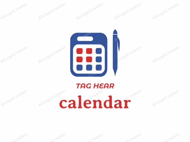 This image is a simplified, digital logo featuring a calculator and a pen. The calculator is depicted in a minimalist style with a blue color and a rectangular shape. It has a prominent handle on the top left and an arrangement of nine squares on the