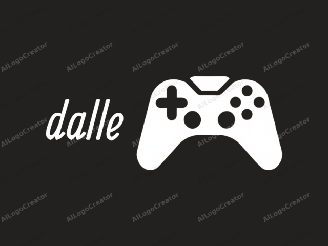 featuring a minimalist, modern design. This is a black and white icon representing a video game controller, specifically a classic design with a D-pad on the left and four round buttons on the right. The background is a solid black, enhancing the contrast