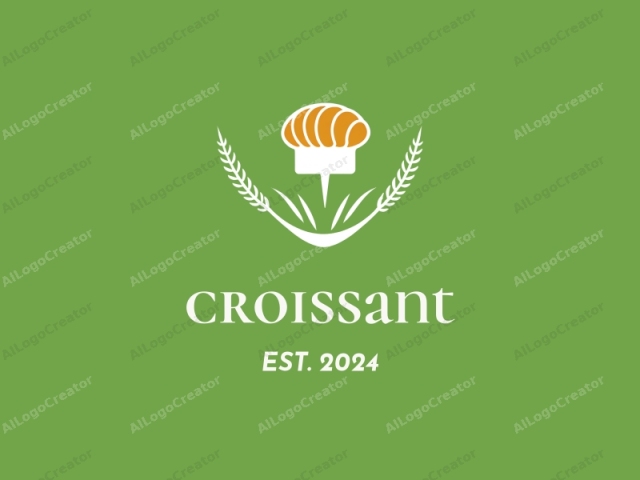 which depicts a stylized wheat ear with a chef's hat. The image features a prominent, stylized wheat ear centered on a vivid green background. This wheat ear is depicted with a white outline, highlighting its texture and shape. Rising from the